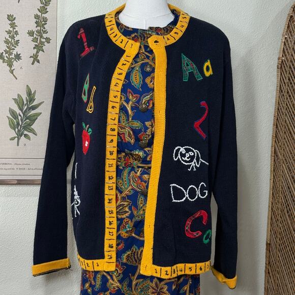 Vintage 90s Y2k Embroidered School Teacher Cardigan Sweater Grandma Novelty L - Picture 3 of 7